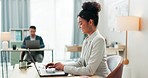 Woman with desk, laptop and typing in coworking space, market research and online schedule at consulting agency. Office, admin business and girl at computer writing email review, feedback or report.