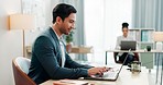 Man at desk, laptop and typing in coworking space, market research and online schedule at consulting agency. Office, admin and happy businessman at computer writing email review, feedback or report.