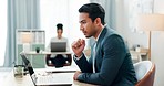 Man at desk, laptop and thinking in coworking space, market research or online schedule at consulting agency. Office, idea and businessman at computer writing email article review, feedback or report