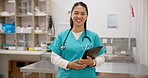 Happy, face and a doctor or woman in a clinic for healthcare, service and ready to start morning. Smile, hospital and portrait of a female nurse in a medical career for cardiology, nursing or surgery