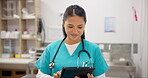 Healthcare, nurse and woman with tablet for research, networking or telehealth in hospital or clinic with scrubs. Medicine, doctor and expert with touchscreen for medical, planning or communication