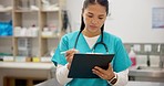 Vet notes, writing and a woman planning a schedule for surgery or animal healthcare. Nurse, hospital and a female employee with a strategy, chart or results from working in medicine career for pets