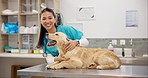 Portrait of woman, vet and happy dog on table for consultation, medical advice or pet care. Doctor, female veterinarian and Labrador puppy at animal hospital for professional help, check up and smile