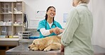 Dog, happy woman and vet with hand shake at consultation, medical advice and pet care service. Person with female veterinarian, sick Labrador puppy and professional help, agreement and animal clinic.