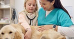 Stethoscope, vet and a girl with her dog in a clinic for animal care during a checkup or appointment. Breathing, medical and a puppy in a veterinary hospital with a professional doctor for consulting