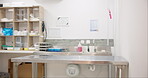 Vet, clinic and empty room for healthcare, surgery and space in office with table and medical equipment. Veterinary, interior and professional workplace for animal health care in hospital with nobody