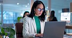 Face, businesswoman and typing on laptop in office for late, work or communication by email in web. Person, entrepreneur and thinking for reading of strategy, planning or report with idea for vision