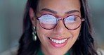 Computer, glasses and business woman in the office doing research for legal corporate project. Smile, vision and professional female attorney working on a law case with technology in workplace.