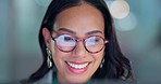 Desktop, glasses and business woman in the office doing research for legal corporate project. Smile, vision and professional female attorney working on a law case with computer in modern workplace.