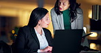 Laptop, tablet and teamwork with business people at night in the office together for collaboration. Technology, partnership and a happy employee team of women working on a project in the evening