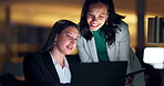 Laptop, tablet and collaboration with business people at night in the office together for teamwork. Technology, smile and a happy employee team of women working on a project or report in the evening
