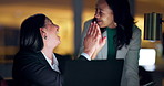 Laptop, high five and collaboration with business people at night in an office together for support or motivation. Tech, success and a happy employee team of women working on a project in the evening