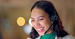 Call center, smile and woman consulting at night in office for customer service, CRM advisory or solution. Face of sales agent laugh for telecom support, FAQ communication or telemarketing questions