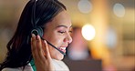 Happy, woman and call center consultant at night in office for customer service, CRM advisory and IT communication. Face, agent and laugh for telecom support, FAQ solution and telemarketing questions