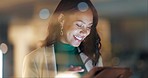 Tablet, smile and a business woman laughing in her office at night while at work for research on glass. Face, technology and funny with a happy young employee working on a project in the evening