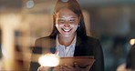 Tablet, smile and a happy business woman in her office at night while at work for research on glass. Face, technology and creative with a confident young employee working on a project in the evening