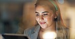 Business, woman and tablet at night in office for planning research, online report or internet information. Face of happy indian employee working late on social network, scroll website or digital app