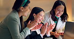 Laptop, high five and applause with business women in the office together for success or motivation. Tech, teamwork and support with a happy young employee group clapping in the workplace at night