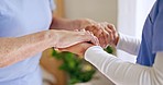 Old woman, lift or caregiver holding hands in nursing home, retirement clinic for wellness or support. Closeup, nurse or social worker helping an elderly patient for injury rehabilitation in bedroom