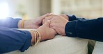 Senior couple holding hands for support, love and empathy for healing anxiety, depression and sorry at home. Gratitude, trust and closeup of helping hand for kindness, retirement and forgive partner