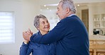 Dance, love and senior couple in home for bonding, healthy relationship and marriage. Retirement, happy and elderly man and woman dancing together for romance, happiness and commitment in living room