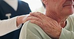 Hands, shoulder and nurse with comfort for man, senior care patient or helping for kindness in clinic. Caregiver, touch and counselling for elderly person for support, love or empathy in nursing home