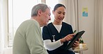 Tablet, healthcare and nurse with senior man for research on diagnosis or treatment in nursing home. Digital technology, discussion and female caregiver talking to elderly male patient in retirement.