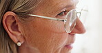 Face, closeup and woman with glasses for eyes checkup, clinic and vision for cataract help for patient. Senior person, optometrist and glaucoma for eyecare in frame fitting, health and zoom with lens