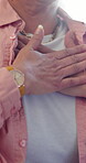 Woman, hands and chest pain, massage and sick, disease or breathing problem. Closeup, heart attack and person with angina, hypertension or cardiac arrest, cardiovascular fail or healthcare condition