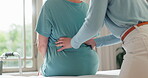 Physiotherapy massage, back pain or woman with therapist for medical healthcare, injury or wellness for help. Hands closeup, physical therapy or chiropractor consulting, support or helping patient