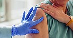 Woman, doctor and hands with plaster for injection, vaccine or flu shot in healthcare, appointment or visit at hospital. Closeup of female person, nurse or medical worker with bandage for vaccination