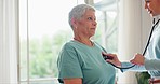 Doctor, stethoscope and senior woman breathing, consultation and healthcare. Medical professional, listening to lungs and breathe with equipment, check chest or heart beat for cardiology in hospital