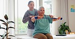 Physiotherapist, band or mature woman stretching to help in physical therapy for mobility rehabilitation exercise. Senior patient, resistance or physiotherapy workout for body or muscle flexibility 