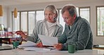 Senior couple, laptop and calculator with bills in home for budget, financial assets or insurance policy. Man, woman and paperwork of investment portfolio, retirement savings or online banking report