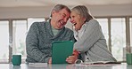 Tablet, laughing and senior couple browsing on social media, mobile app or internet together. Happy, smile and elderly man and woman in retirement watching funny video on digital technology at home