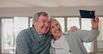 Smile, selfie and senior couple in home with love, care and embrace in happy marriage in retirement. Photography, social media memory and hug, old man and woman in living room together in apartment.