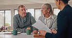 Senior couple, lawyer and documents with discussion for investment, will or life insurance in home. Attorney, old man and elderly woman with paperwork, contract or negotiation for property in house