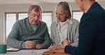 Senior couple, home and documents with financial advisor for pension fund, retirement or agreement. Insurance, paperwork and or people with woman broker in a house for compliance, signature or advice