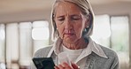 Senior woman, pills and research with phone for telehealth, advice and questions. Elderly, lady and search online with drugs and medicine in home for healthcare, help and information of medication