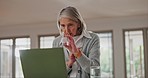 Senior woman, pills and video call on laptop with telehealth, advice and questions. Elderly, lady and chat online with drugs and medicine in home for healthcare, help and discussion of medication