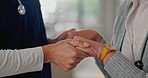 Closeup, nurse and senior woman holding hands, support and comfort with sympathy, compassion and recovery. Pensioner, elderly person or caregiver with healthcare, consultation or empathy with healing