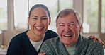 Happy woman, doctor and patient hug in elderly care, support or trust together at old age home. Portrait of female and senior male person smile for healthcare, retirement or caregiver at house