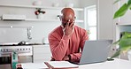 Senior man, tired and stress on computer for home budget, financial research and investment mistake or bad news. African person with fatigue, headache or worry on laptop his for pension registration