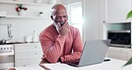 Senior black man, tired and yawning with laptop in finance, documents or paperwork from burnout at home. Exhausted and mature African male person overworked in financial crisis, mistake or fatigue