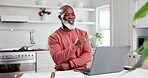 Laptop, video call and talking with an elderly black man in the kitchen of his home for remote work or communication. Computer, virtual meeting and a happy senior person in his house for networking