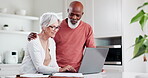 Senior couple, laptop and happy for home, investment or budget planning, retirement and pension funding choice. Interracial elderly woman and man on computer for asset management or life insurance