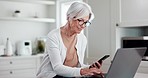 Senior woman, phone and laptop for home investment, asset management and online pension application. Happy person typing on mobile and computer for financial planning, contact information or website