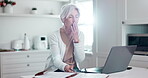 Senior woman, home laptop and tired for online research, pension funding application or registration process. Elderly person with depression, yawn or fatigue on computer planning retirement or assets