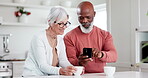 Elderly, couple or phone with coffee or technology for social media, internet scroll or meme and smile. Senior, black man or woman or interracial with smartphone for streaming or conversation at home