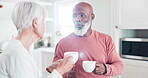 Elderly, couple or coffee with communication in kitchen for relax, peace and bonding in interracial relationship. Senior, black man or woman drinking tea with conversation or talking at home for love